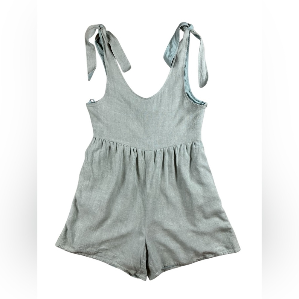 Pink Lily Women's Small Romper Sage Green Pockets Fully Lined Adjustable Ties